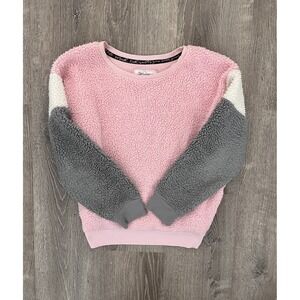 MUK LUKS XL Sherpa Teddy Sweater Pink Gray Colorblock Cozy Fleece Loungewear